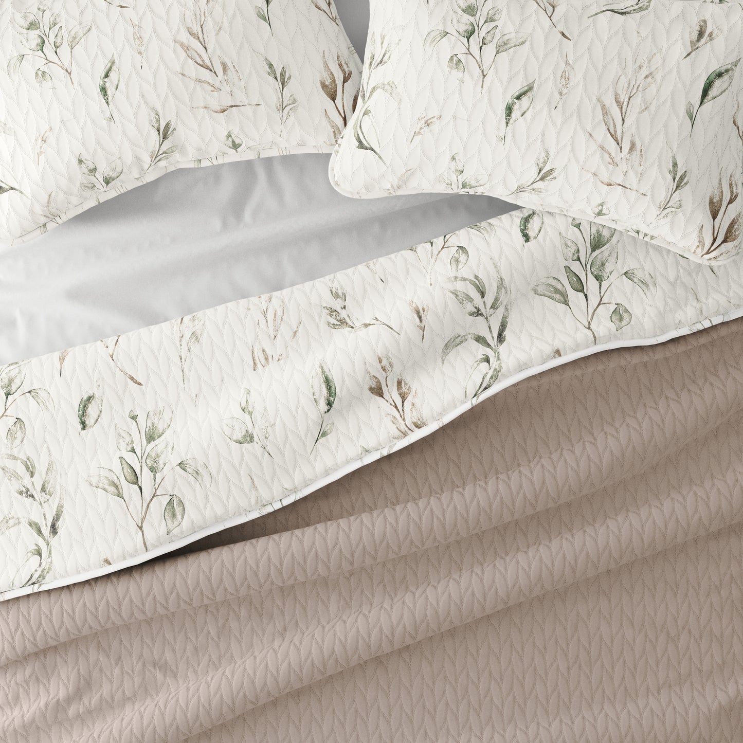 All Season 3 Piece Watercolor Leaves Reversible Quilted Coverlet Set